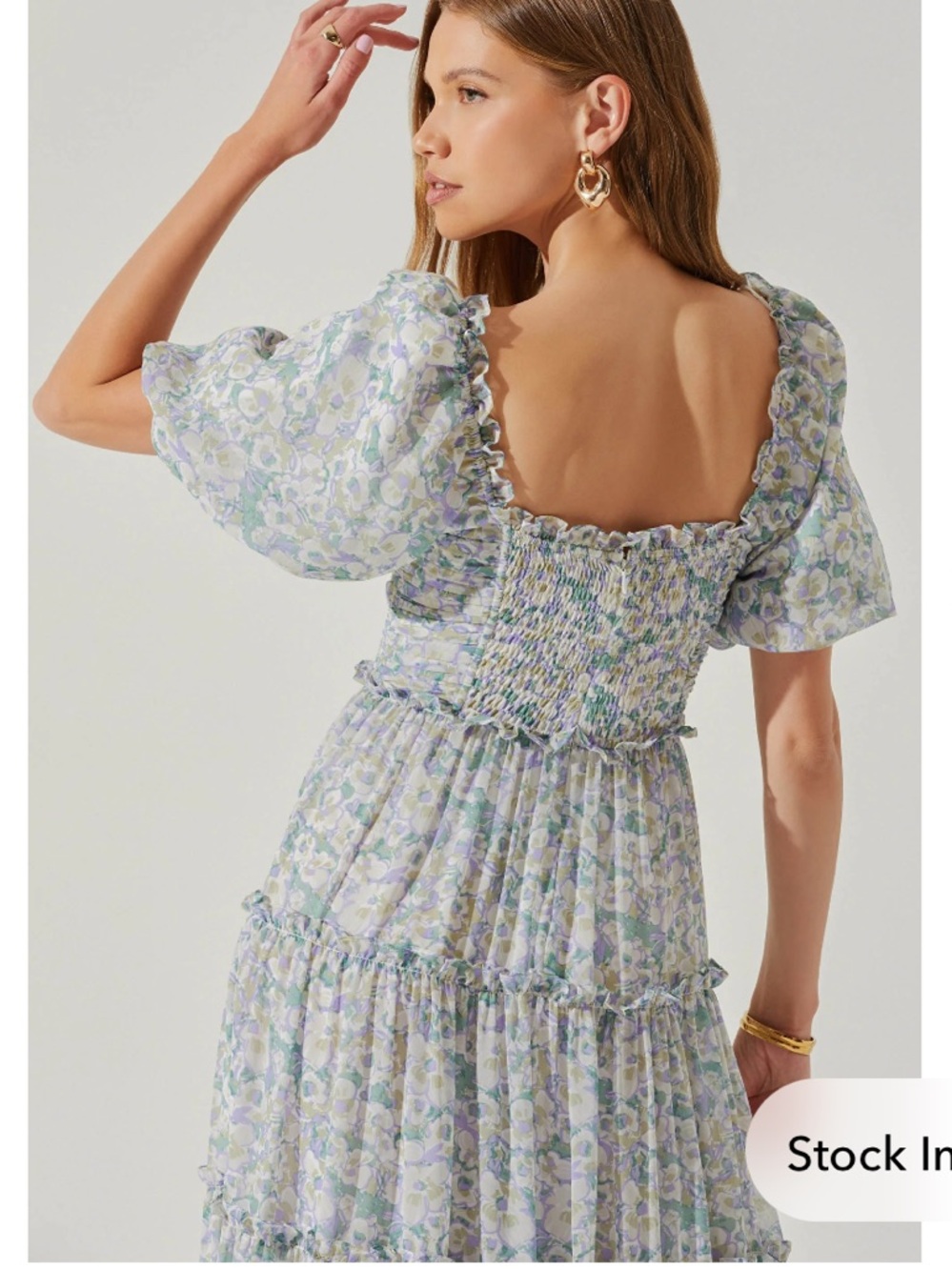 Astr Pastel Floral Puff-Sleeve Midi Dress - Light Blue & Lilac - Picture 5 of 9
